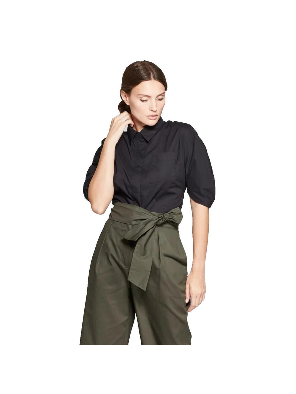 NWT Prologue Black Short Balloon Sleeve Utility Snap Front Blouse Top Shirt M